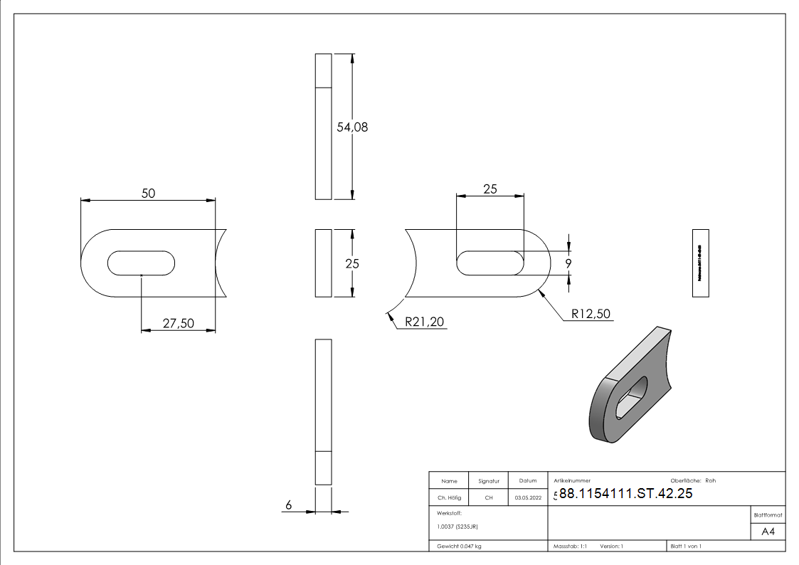Anschweisslasche 50 x 25 x 6mm mit Langloch 25 x 9mm- Anschluss 42-4mm-88-1154111-ST-42.25
