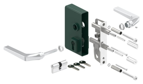 Gittertorschloss GTS 2 fuer Rohrstaerke 60-80mm- montagefertiges Set- moosgruen-88-1156704-ALU.6005