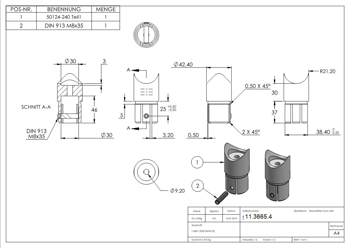 Steckfitting 90° V2A fuer Rohr Ø 42-4 mm mit Klemmschraube-11-3665.4