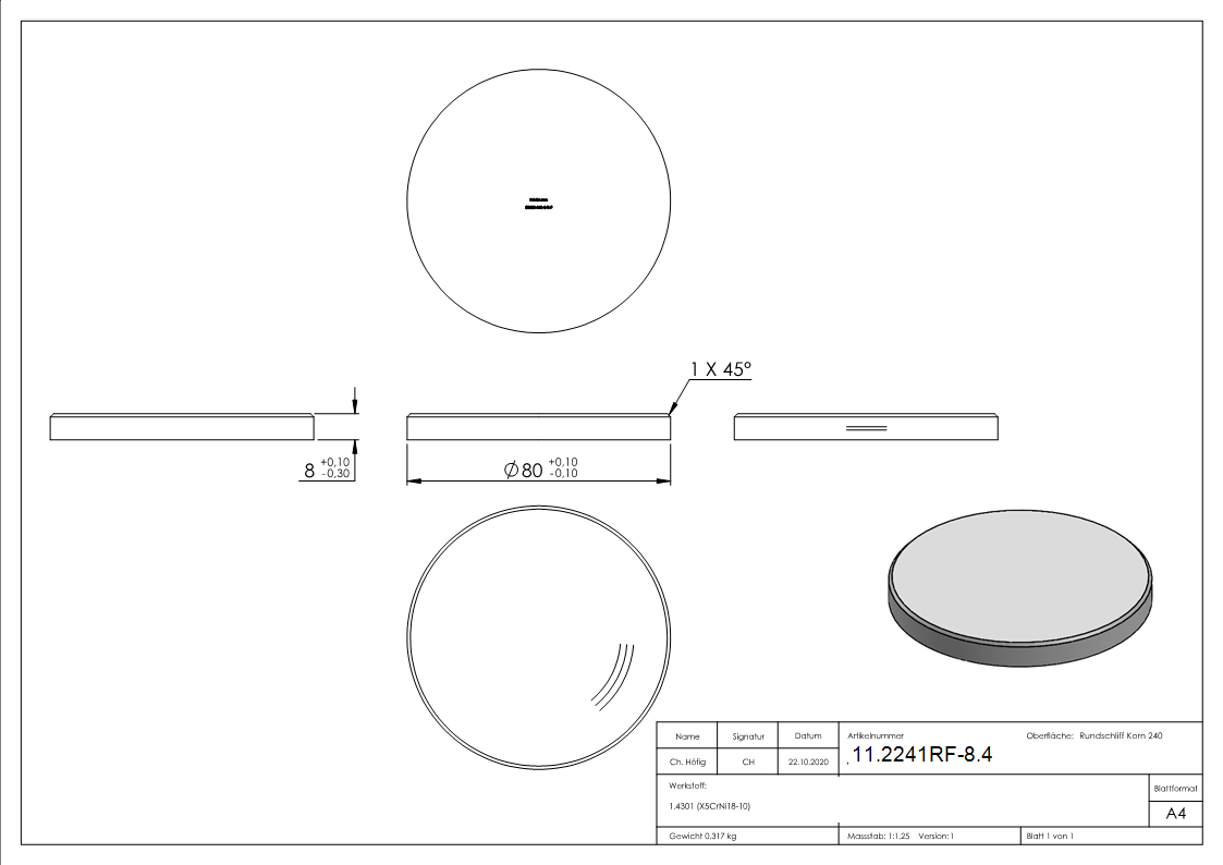 Ronde - Masse- Ø 80x8 mm - mit Rundschliff - Fase - V2A-11-2241RF-8.4