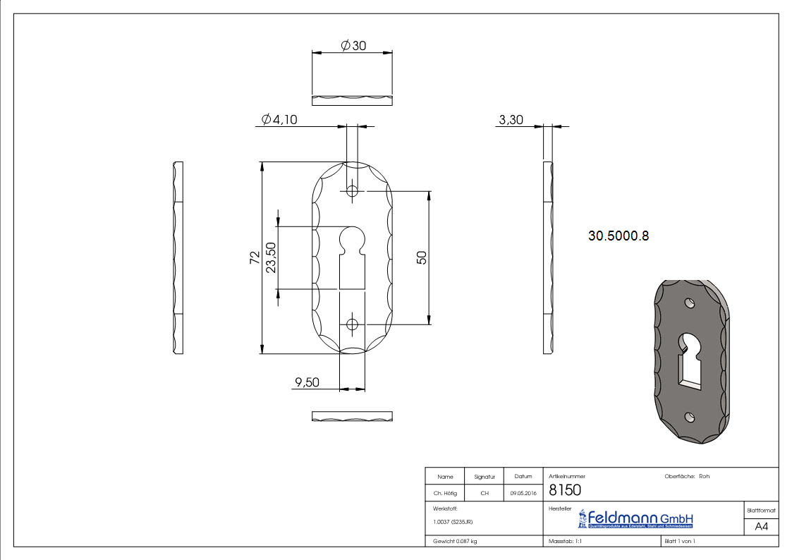 Schluesselrosette - Masse- 72x30 mm - Stahl -Roh- S235JR-30-5000.8