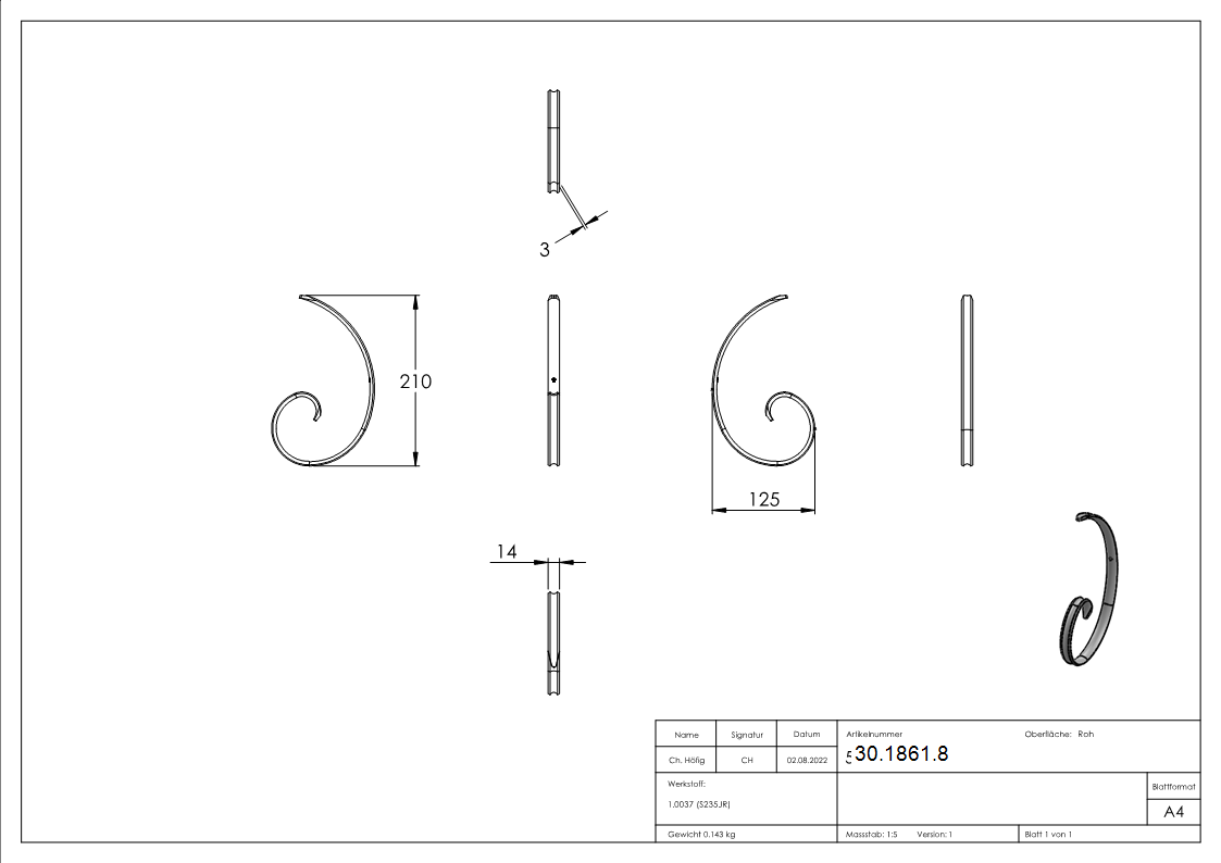 Laendliches Barock - Masse- 210x125 mm - Stahl S235JR- roh-30-1861.8