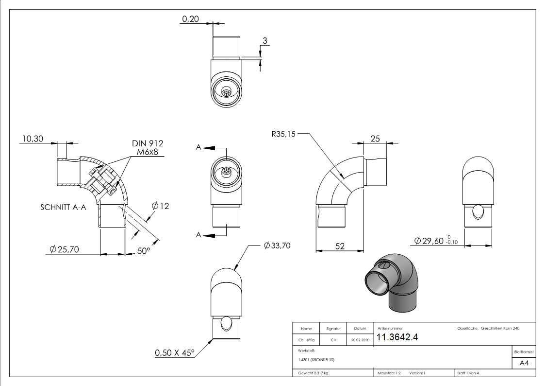 Rohrbogen verstellbar- fuer Rundrohr Ø 33-7x2-0 mm V2A-11-3642.4