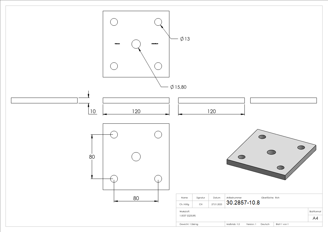 Ankerplatte 120x120x10 mm 5 Bohrungen -  Stahl roh-30-2857-10.8