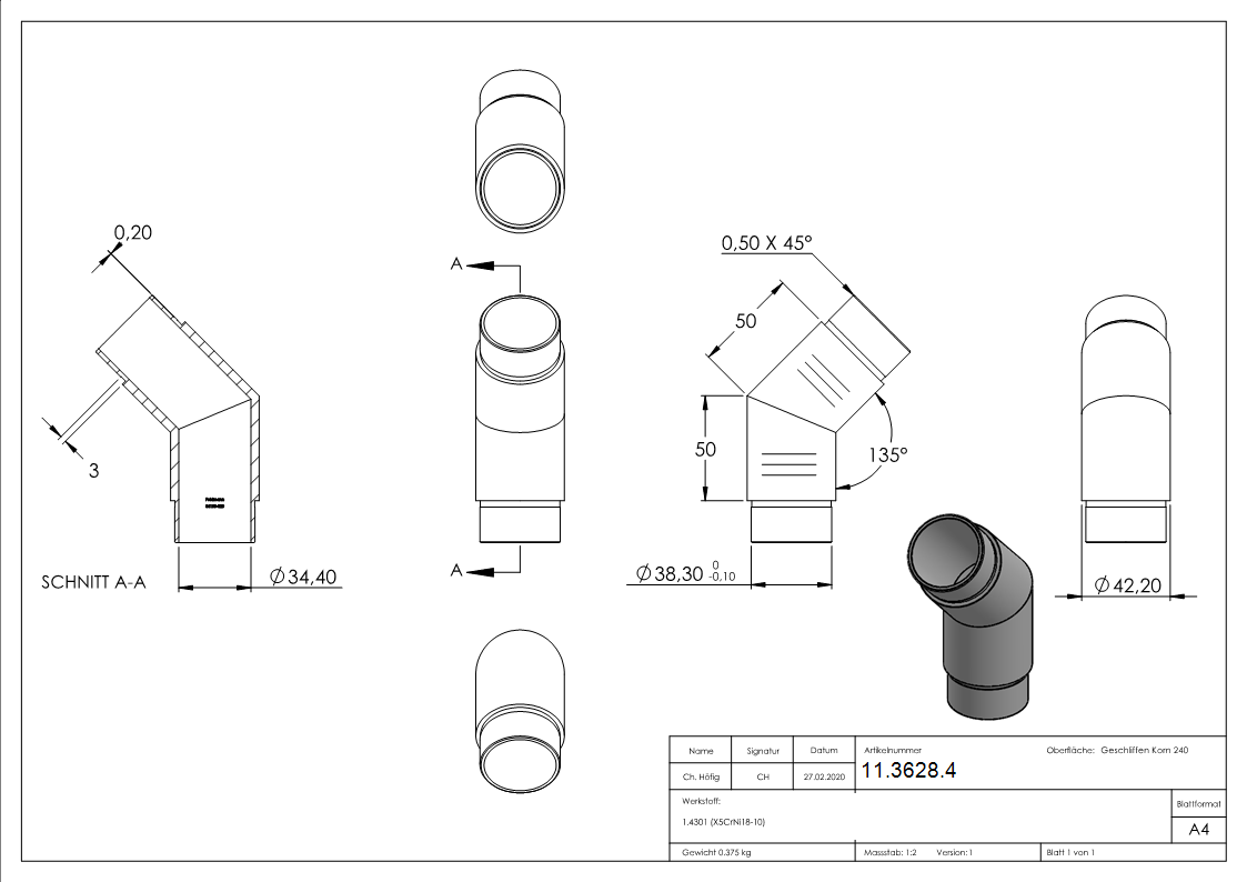 Eckbogen 135°- fuer Rundrohr Ø 42-4x2-0 mm V2A-11-3628.4