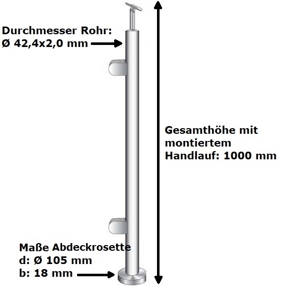 Gelaenderpfosten - Endpfosten links - Laenge- 1000 mm - fuer aufgesetzte Montage - V2A-14-0051RG-A.4