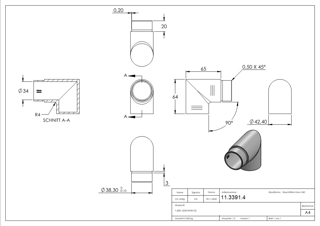 Endstueck 90° flach-eckig- fuer Rundrohr Ø 42-4x2-0 mm V2A-11-3391.4