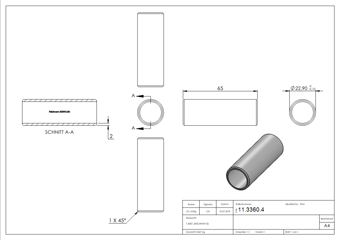 Rohrverbinder V2A fuer Rohr Ø 26-9 mm L 65 mm zum Stecken und Kleben- ohne Mittelsteg-11-3360.4