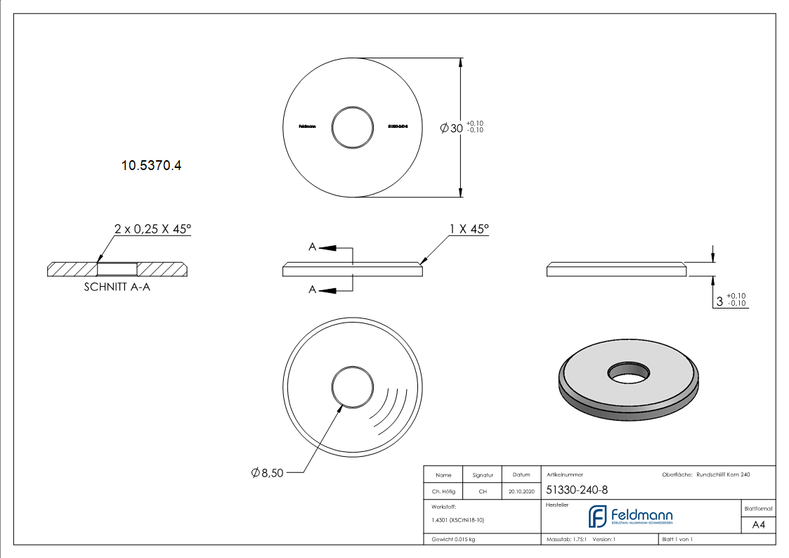Ausgleichsstueck Ø 30 mm mit Bohrung 8-5 mm V2A-10-5370.4