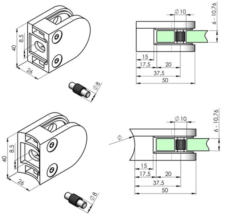 Glasklemme - Masse- 50x40x26 mm - Anschluss- Flach - Ø 48-3 mm - V2A-18-20.4