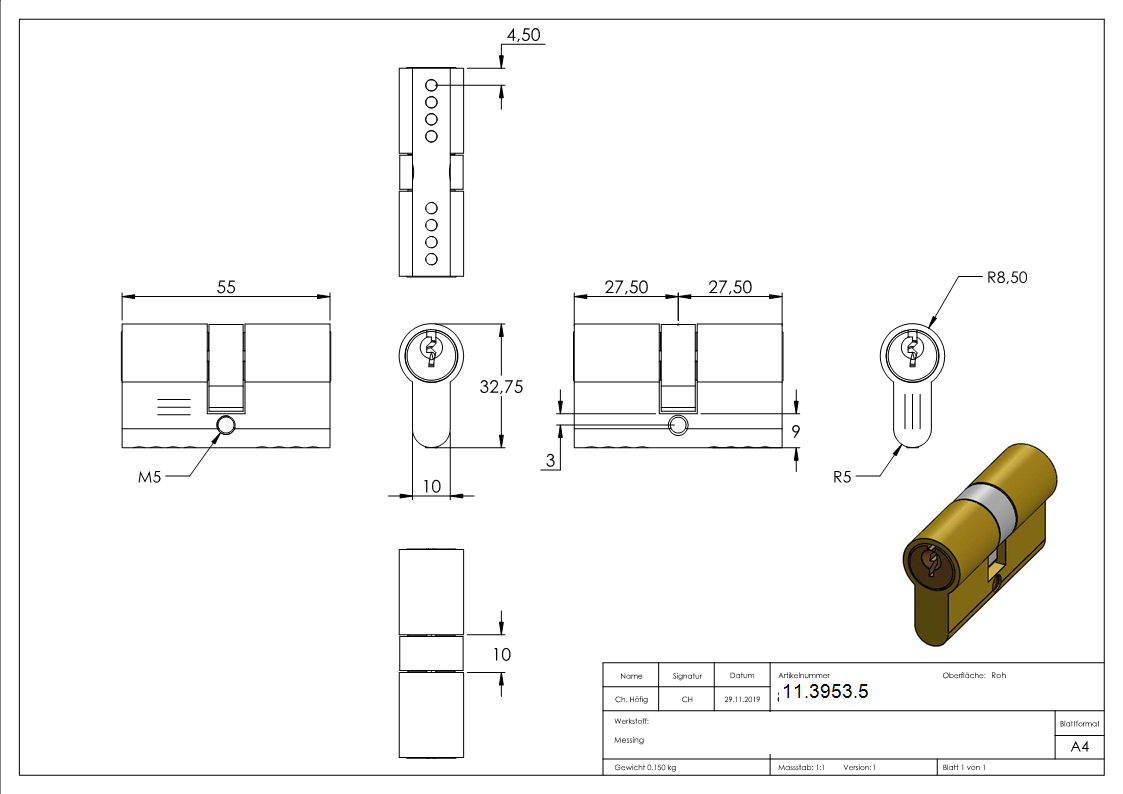 Zylinder aus Messing mit 3 Schluessel 55 mm-11-3953.5