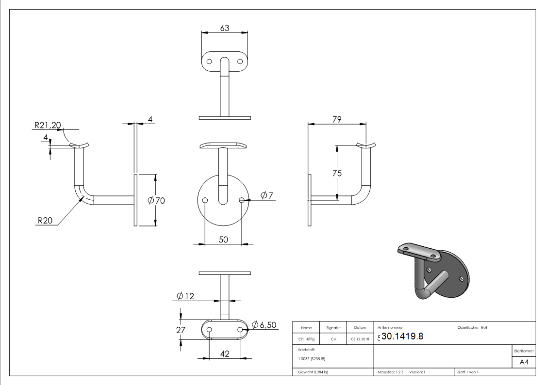 Handlaufhalter - mit Ronde 70x4 mm - mit Halteplatte f - Stahl S235JR- roh-30-1419.8