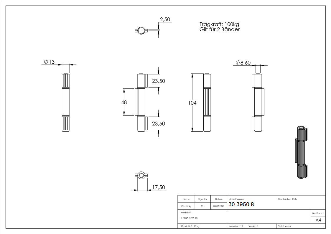 Anschweissband - 3-teilig - Tragkraft- 100kg - Stahl S235JR- roh-30-3950.8