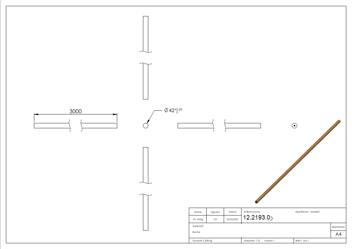 Holzhandlauf Buche- D=42mm- Laenge 3000mm-12-2193.0