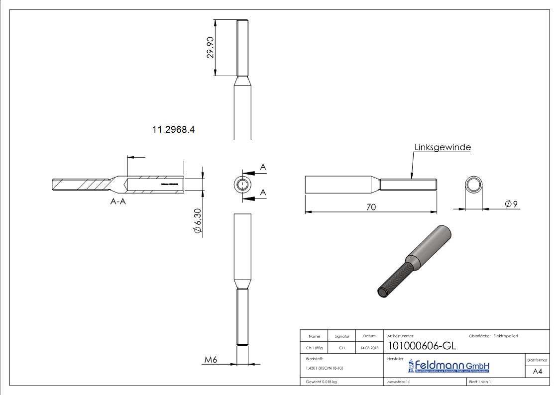 Gewindeterminal mit Aussengewinde - Linksgewinde - Fuer Seil von Ø 6 mm -V2A-11-2968.4