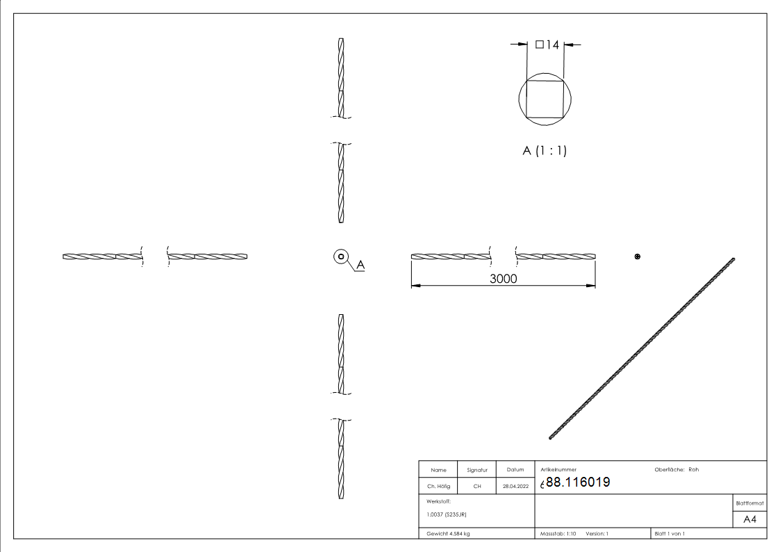 Vierkanteisen Stahl roh 14 x 14 mm L = 3000 mm durchgehend gedreht-88.116019