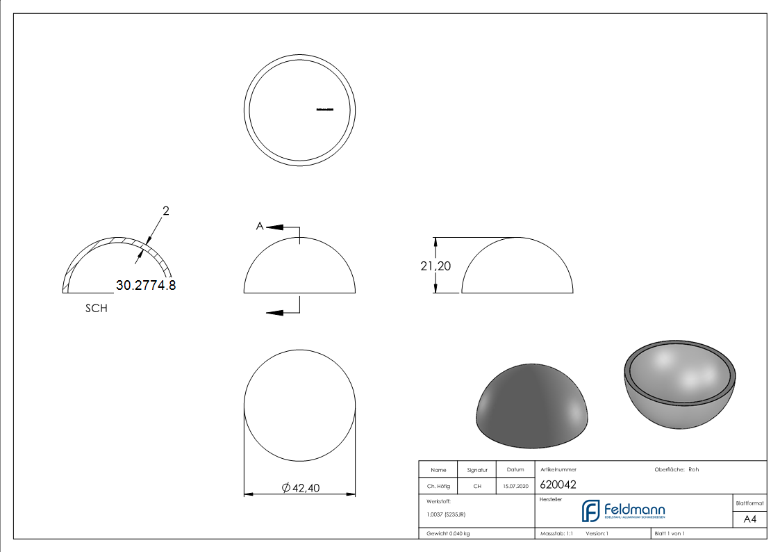 Halbhohlkugel Ø 42 mm - glatt - Stahl S235JR- roh-30-2774.8