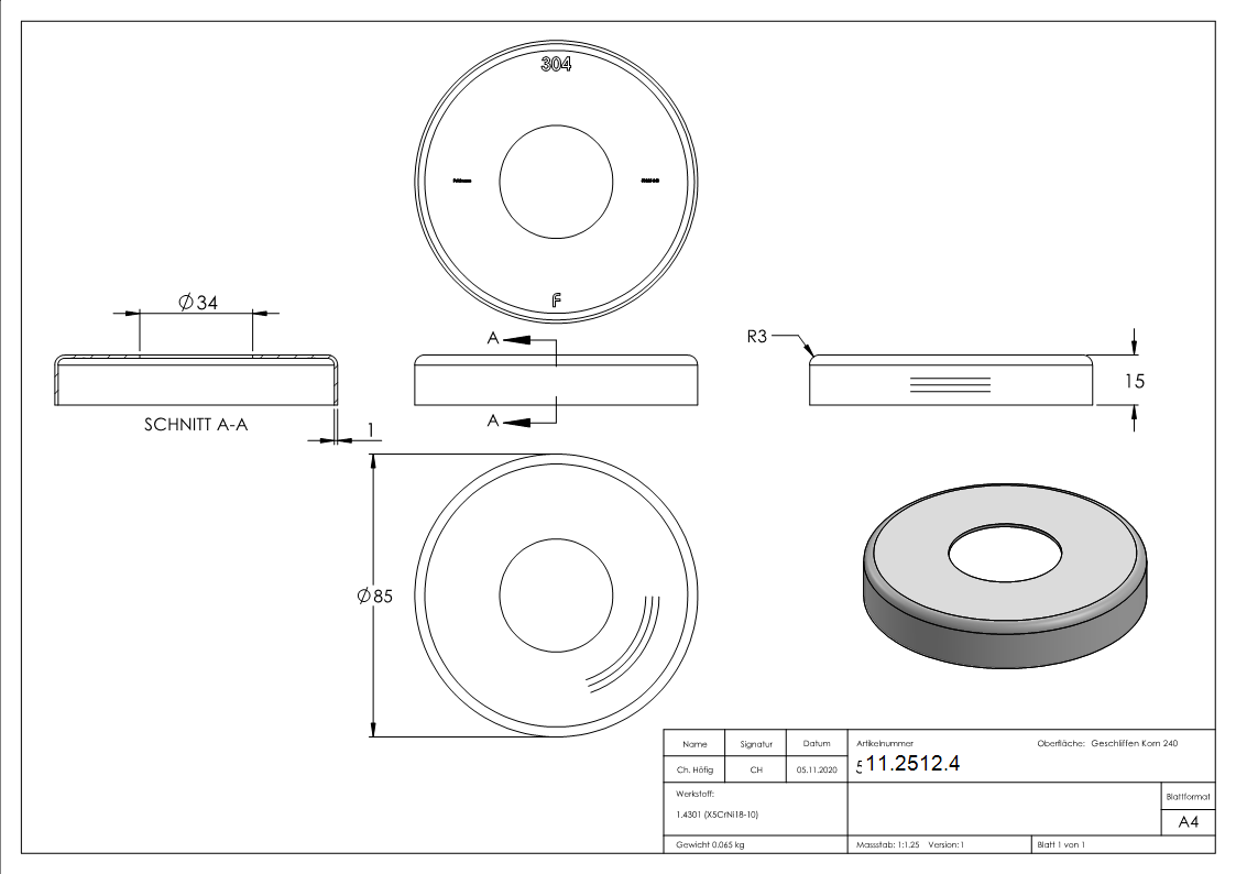 Abdeckrosette Ø 85x15 mm fuer Rundrohr Ø 33-7 mm V2A-11-2512.4