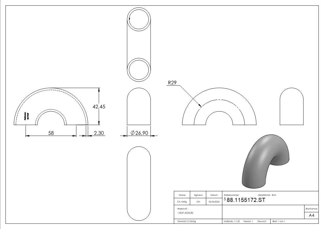 Rohrbogen 180° Stahl roh - 26-9 x 2-3 mm -¾- - Bauart 3-88-1155172.ST