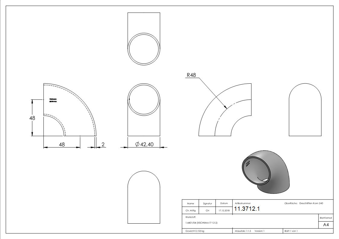 Bogen 90° zum Schweissen fuer Rundrohr- Ø 42-4 mm V4A- Bauart 3-11-3712.1