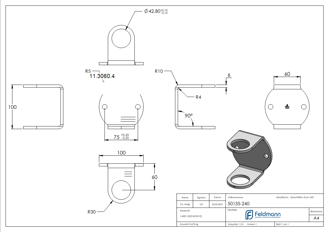 Wandbefestigung Ø 100 mm fuer Gelaenderpfosten Ø 42-4 mm - V2A-11-3060.4