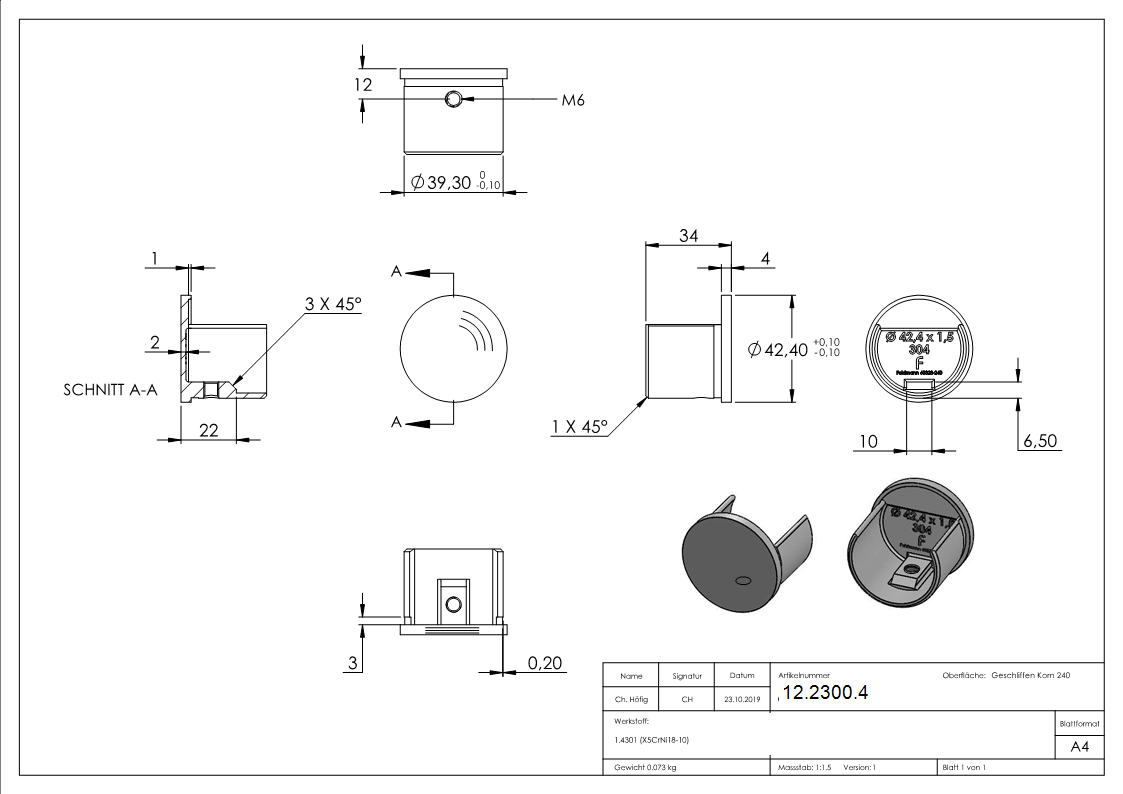 Endkappe - flache Ausfuehrung - fuer Nutrohr Ø 42-4 mm - V2A-12-2300.4