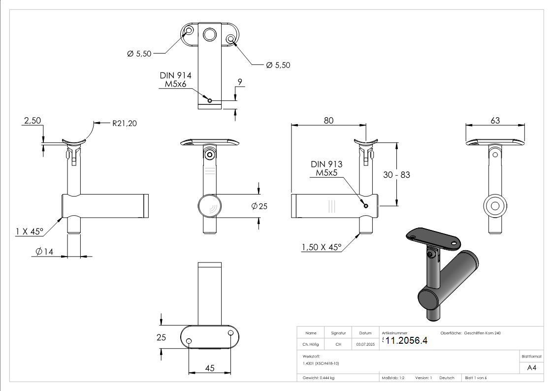 Handlaufhalter mit Gelenk und Halteplatte fuer flachen Anschluss V2A-11-2056.4