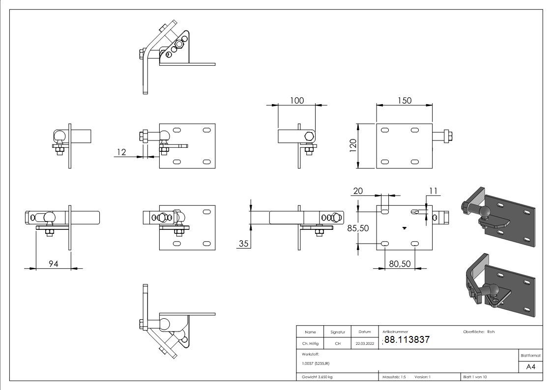 Hebetorbeschlag Stahl roh Platte 120x150 mm 200 kg Tragkraft-88.113837
