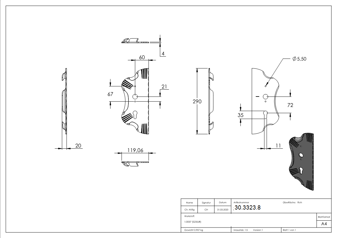 Schlossplatte links - Masse- 120x290x4 mm - Stahl S235JR- roh-30-3323.8