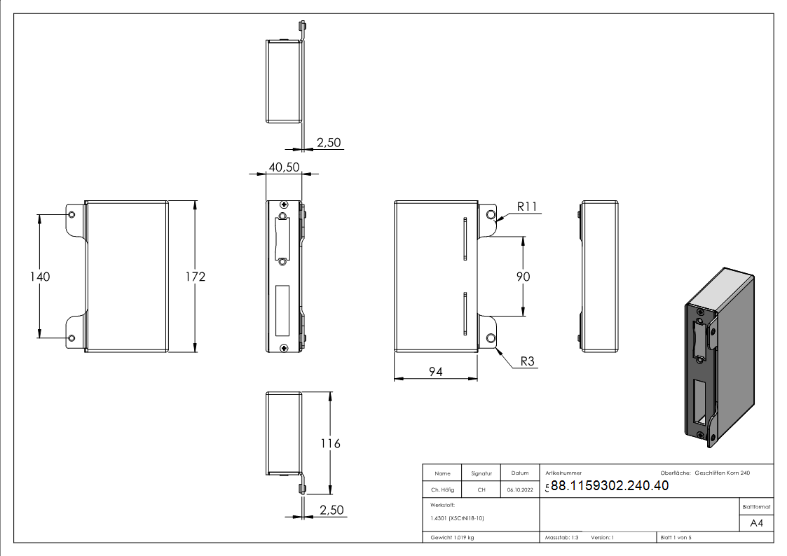 Gegenkasten zum Anschweissen- 40mm- V2A-88-1159302-240.40