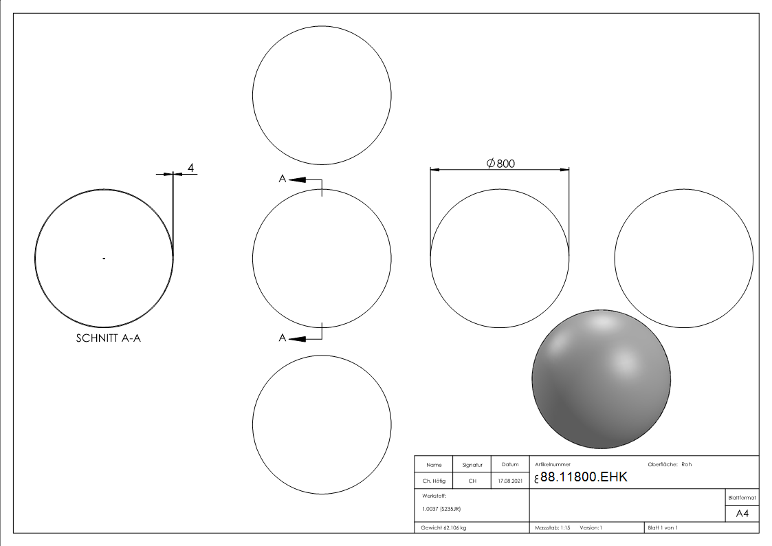 Eisenhohlkugel Ø 800 x 4-0mm-88-11800.EHK