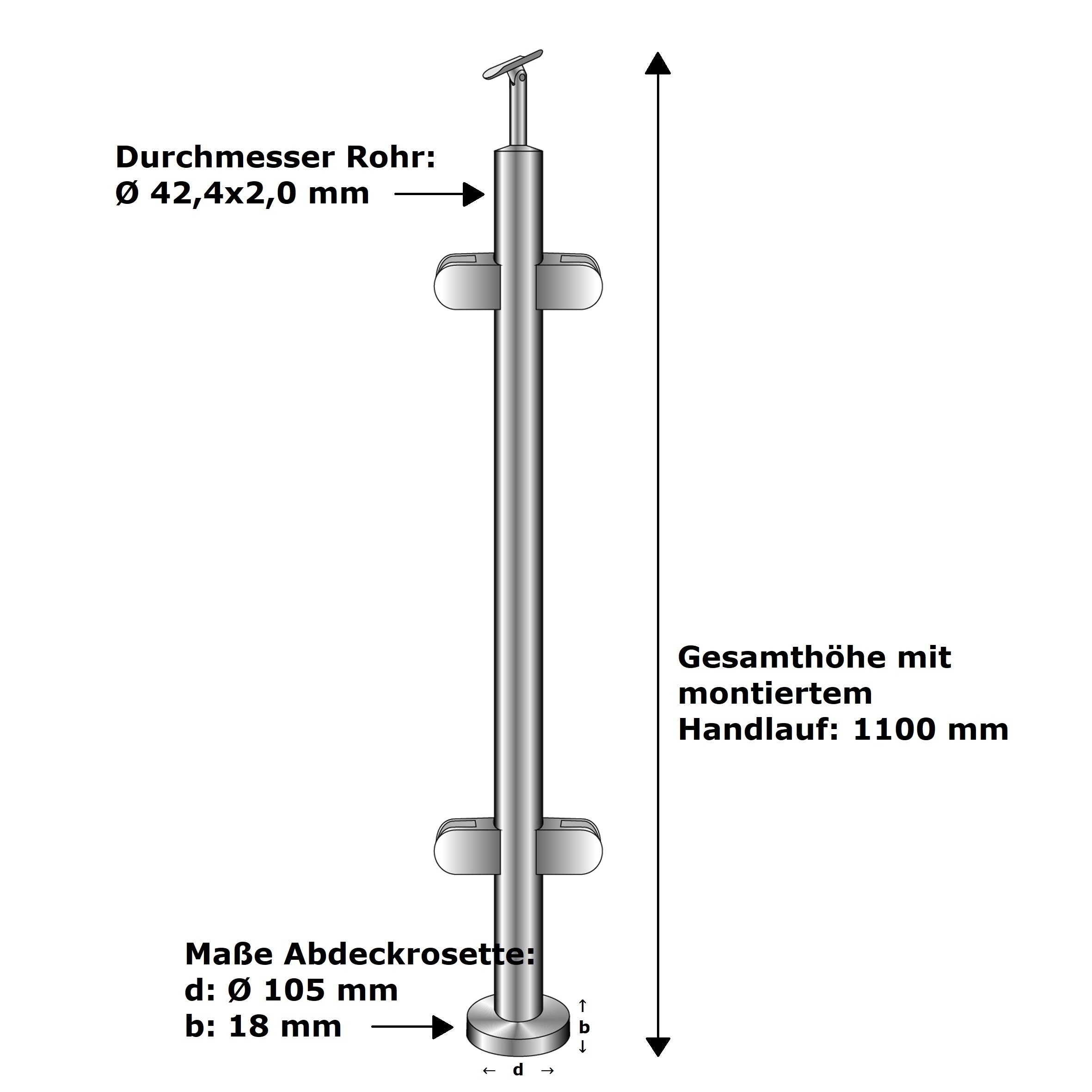 Gelaenderpfosten V2A Ø 42-4 mm 1000 mm Oberverankerung fuer Glas Treppe-14-0054RG-A.4