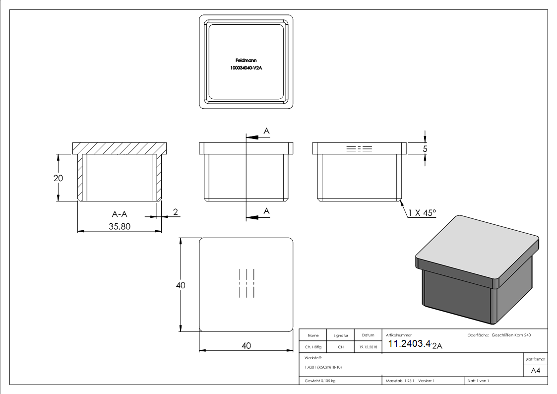 Einsteckkappe Edelstahl V2A 40x40x2-0 mm fuer Quadratrohr-11-2403.4