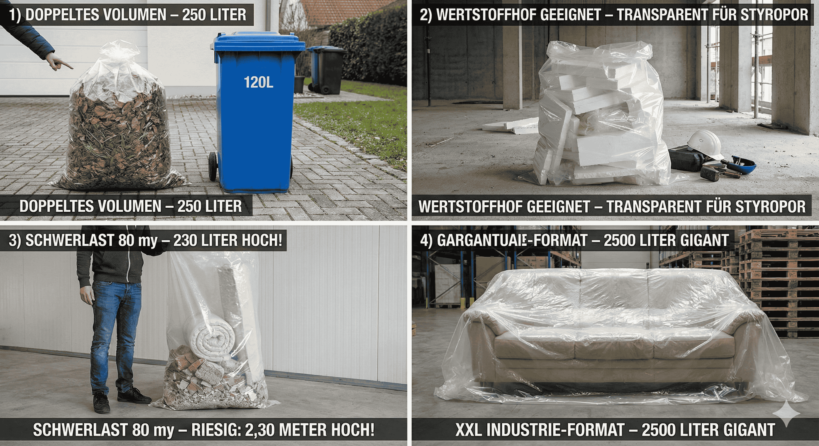 50 Stueck - Styroporsaecke 500 Liter Transparent 65my - Riesige Muellsaecke 200cm lang - Ideal fuer Daemmung - Bau-1SFB600-400X200065