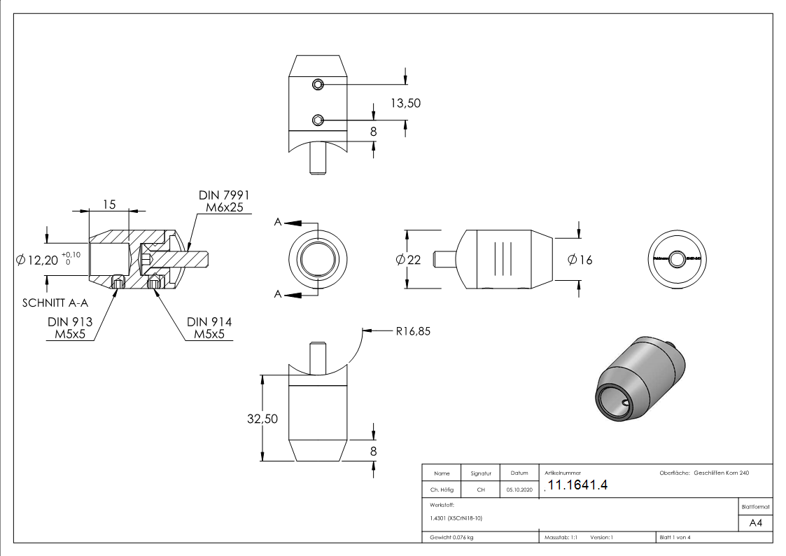 Querstabhalter V2A Edelstahl – Stirnseitige Montage mit Sackloch 12-2 mm fuer Rohr Ø 33-7 mm inkl- Schrauben-11-1641.4