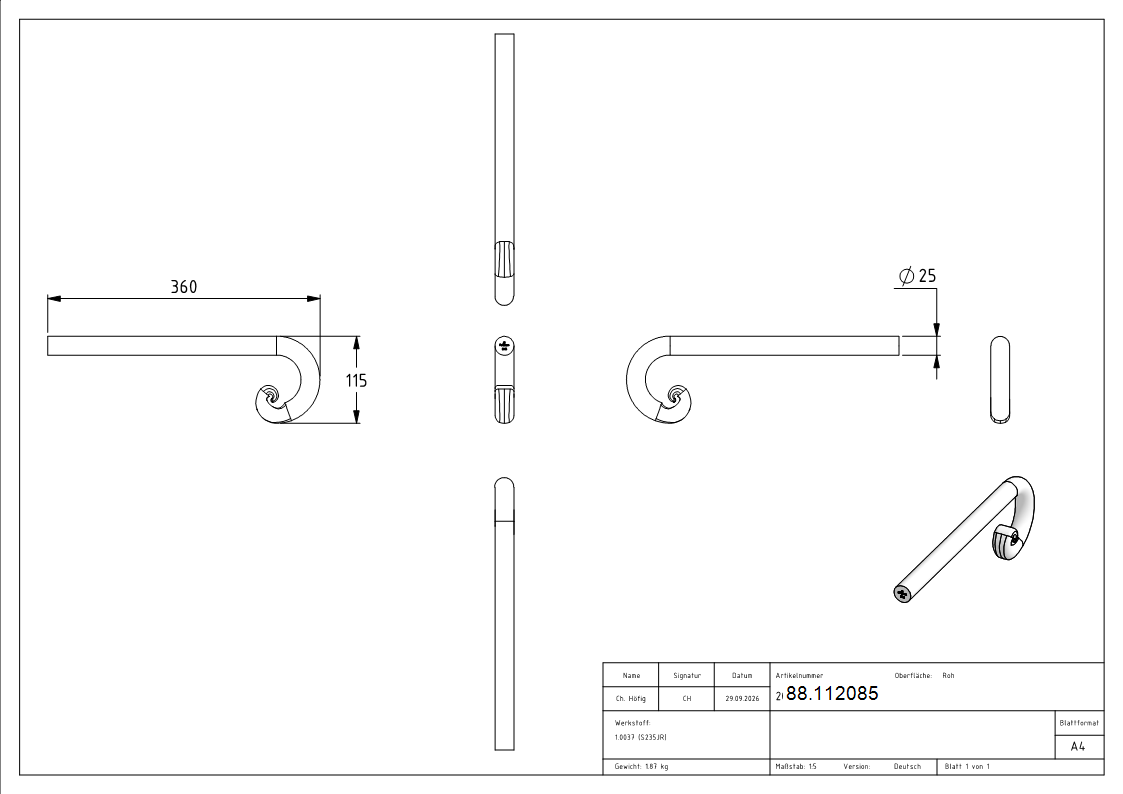 Handlaufanfaenger Stahl S235JR Ø 25 mm gerollt ca- 250x120 mm-88.112085