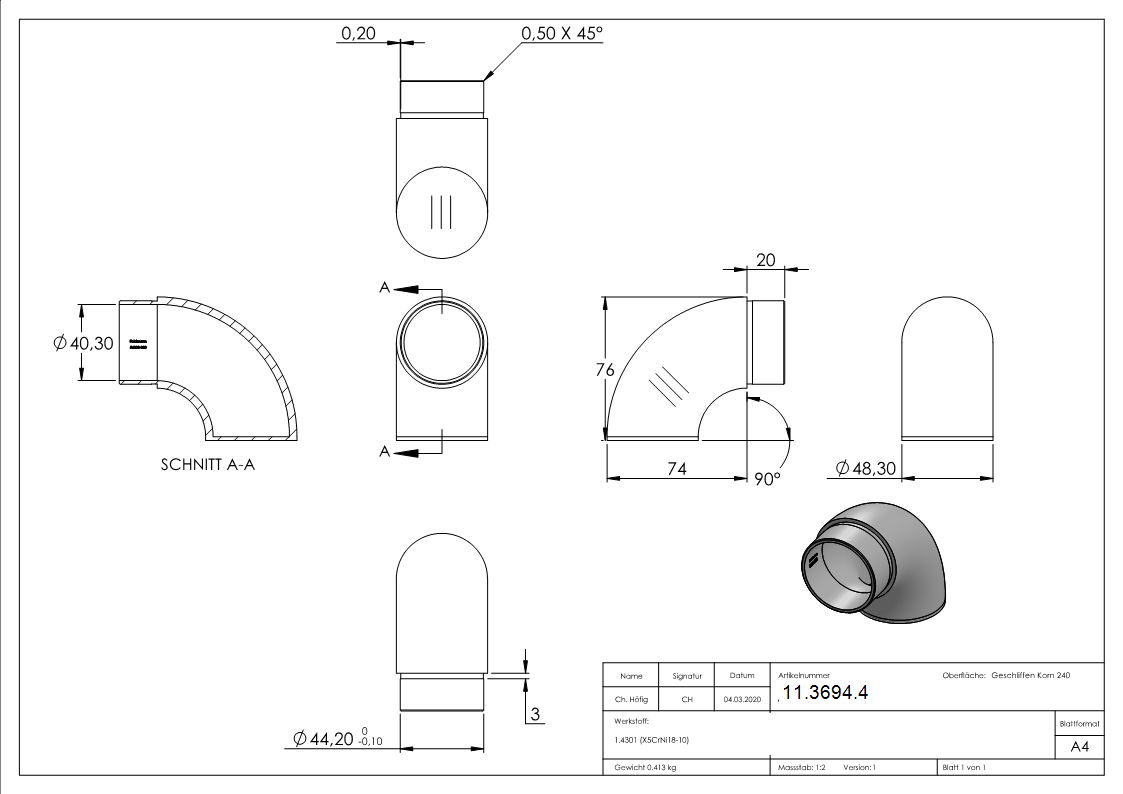 Endbogen V2A fuer Rohr Ø 48-3 mm Wandstaerke 2-0 mm 90° flach-11-3694.4