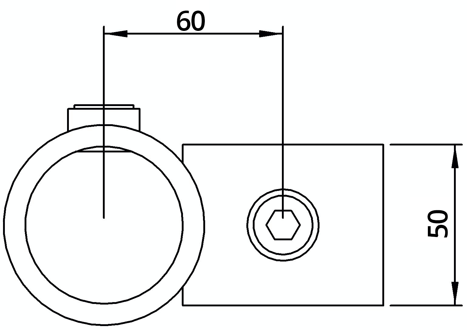 Rohrverbinder Kreuzstueck vorgesetzt 90° reduziert Ø 60-3 mm -2- - 48-3 mm -1 1-2- - Temperguss verzinkt - 161E60-D48-161E60-D48
