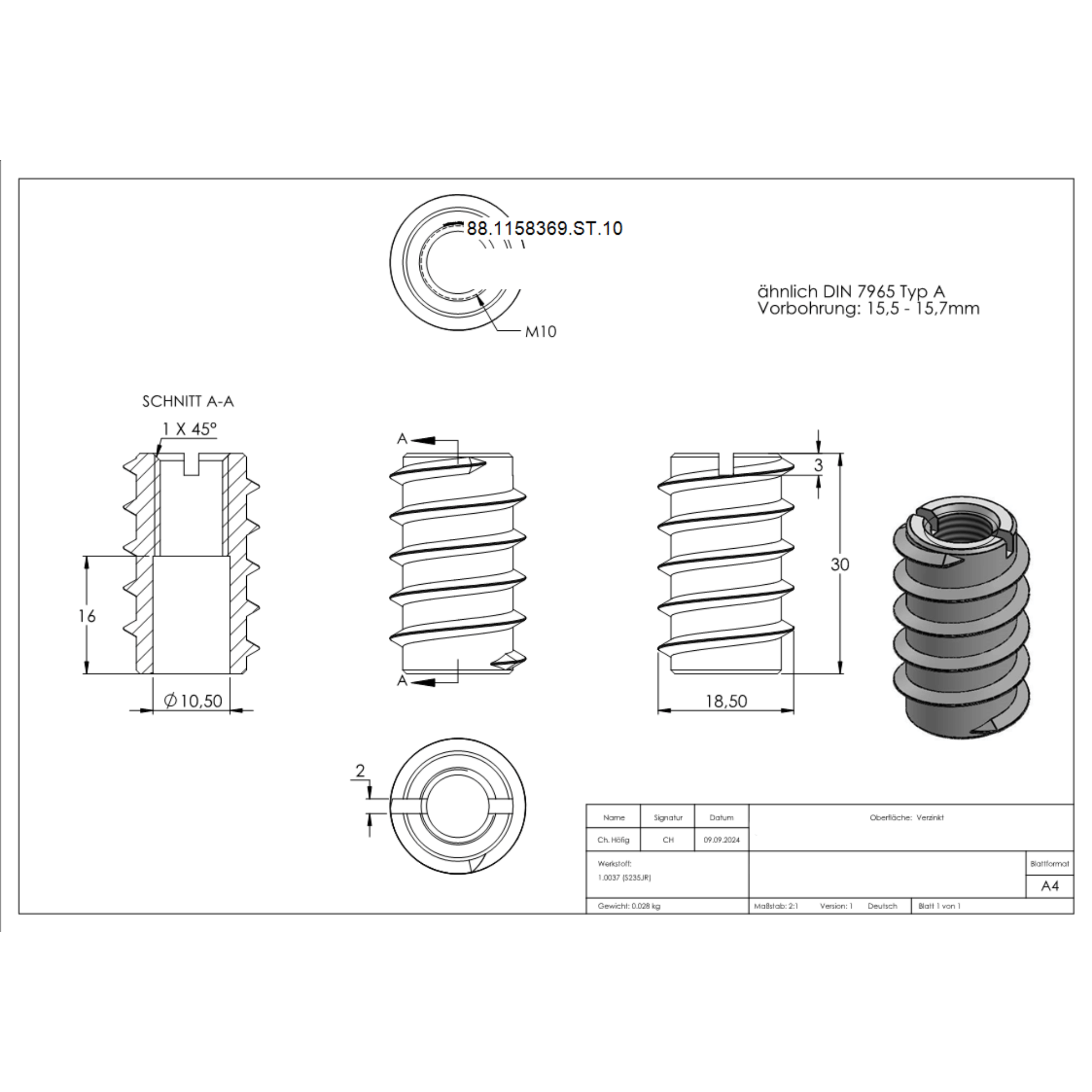 Rampa-Muffe Stahl verzinkt M10x30 Typ A fuer Vorbohrung 15-5-15-7 mm-88-1158369-ST.10
