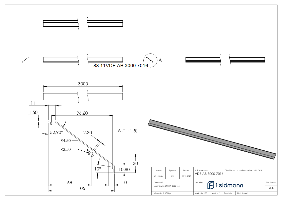 Design-Abdeckung fuer eleganza canopy- L- 3000mm- RAL 7016-88-11VDE-AB-3000.7016