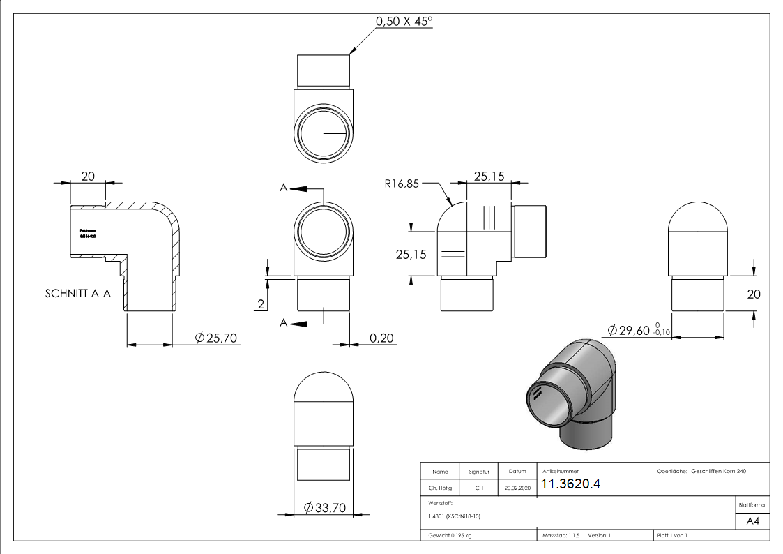 Eckbogen 90° eng- fuer Rundrohr Ø 33-7x2-0 mm V2A-11-3620.4