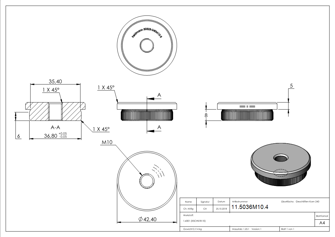 Rohrstopfen flach mit M10 fuer Ø 42-4x3-0 mm V2A-11-5036M10.4
