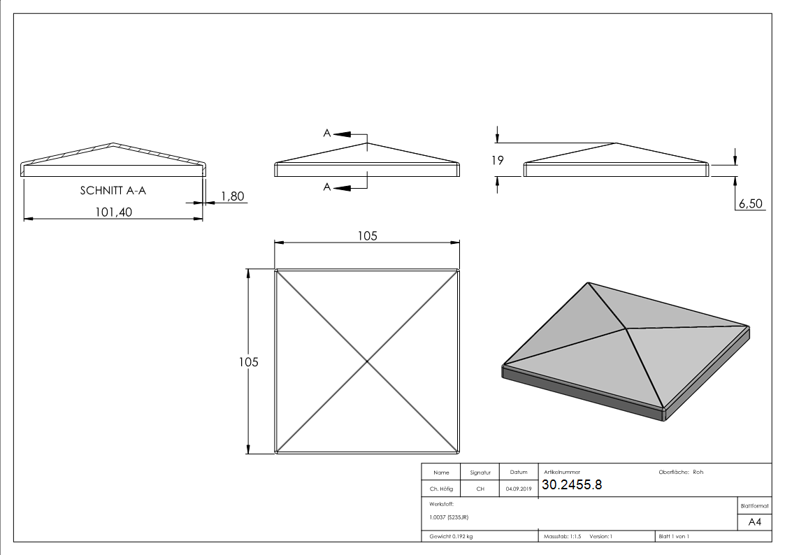 Pfeilerbedecker - fuer Quadratrohr - Masse- 100x100 mm - Stahl S235JR- roh-30-2455.8