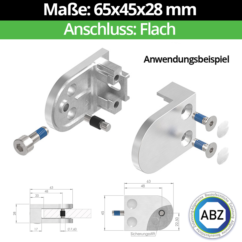 Glasklemme ABZ 65x45x28 mm Flach- ZAMAK - Zinkdruckguss- fuer 9-52 mm VSG Glas- Sicherungsstift -Bohrung 12 mm-10-MODELL32-1-4-9.3