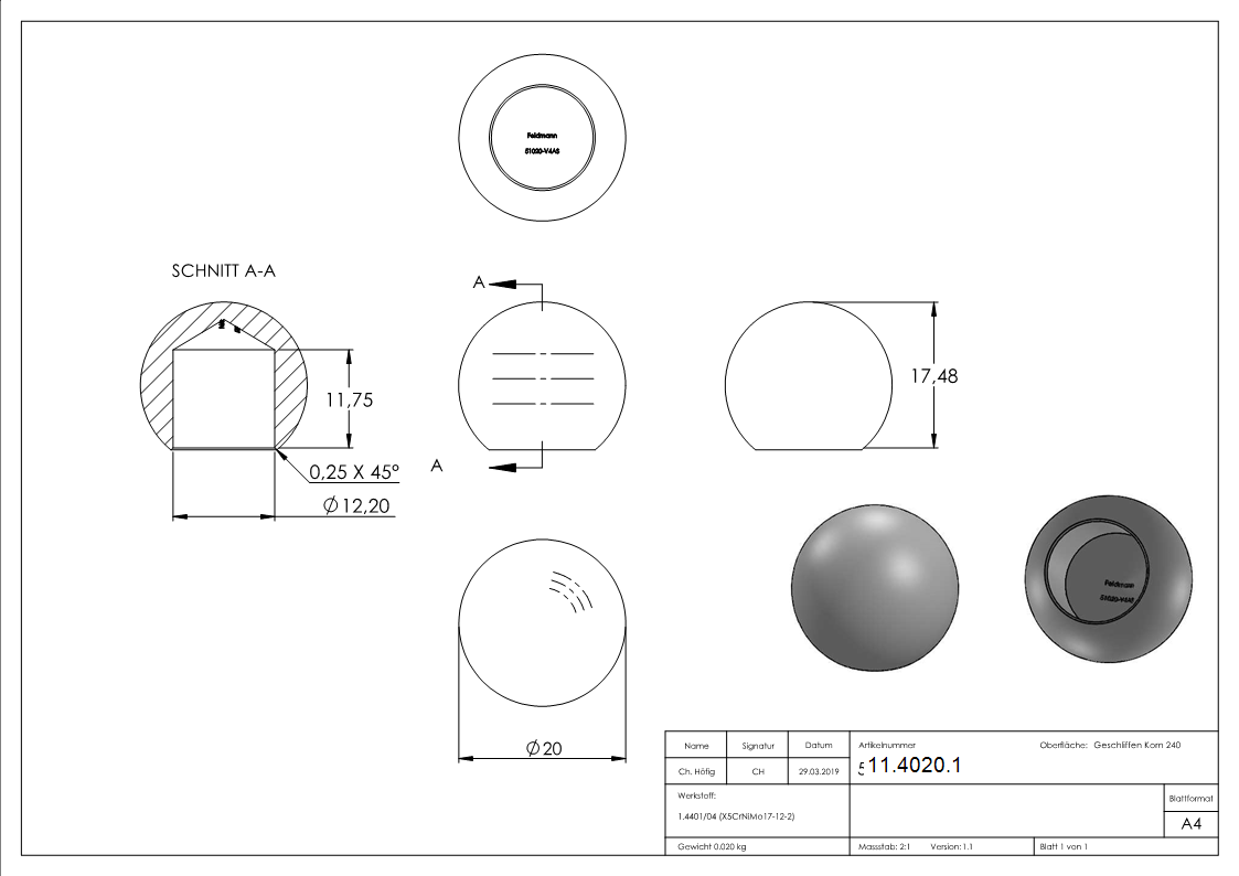 Kugel Ø 20 mm mit Sackloch 12-2 mm V4A Vollmaterial-11-4020.1