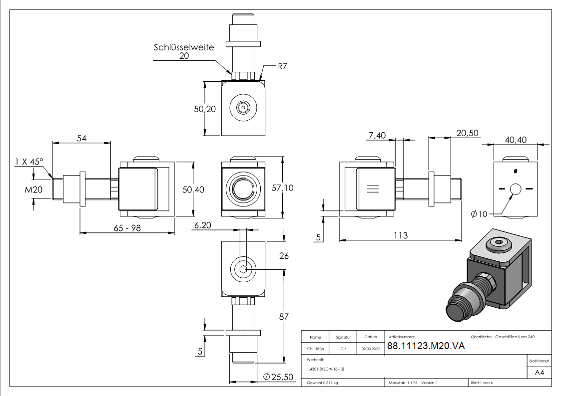 Verstellbares Torband mit Gewindehuelse M20- V2A-88-11123-M20.VA