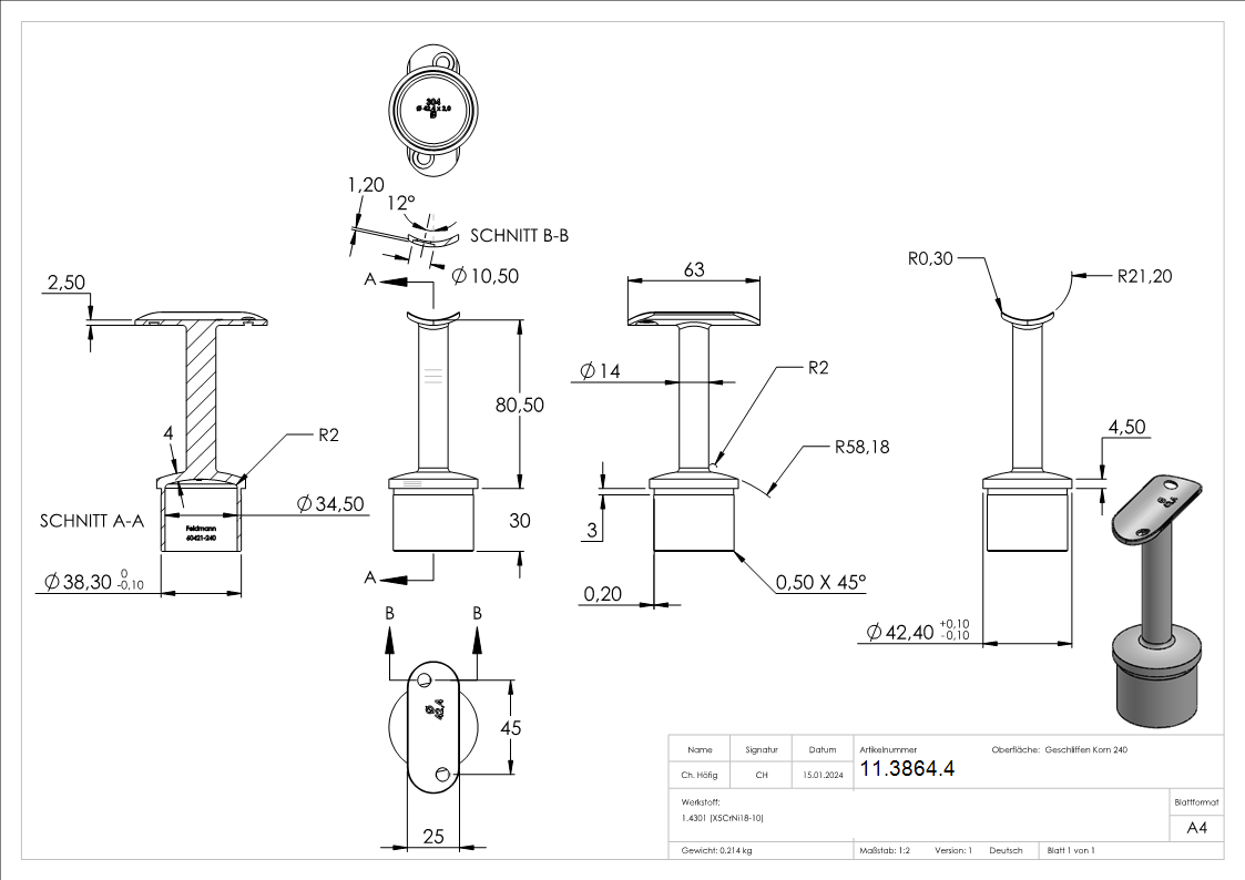 Handlaufstuetze aus einem Stueck mit Halteplatte V2A-11-3864.4
