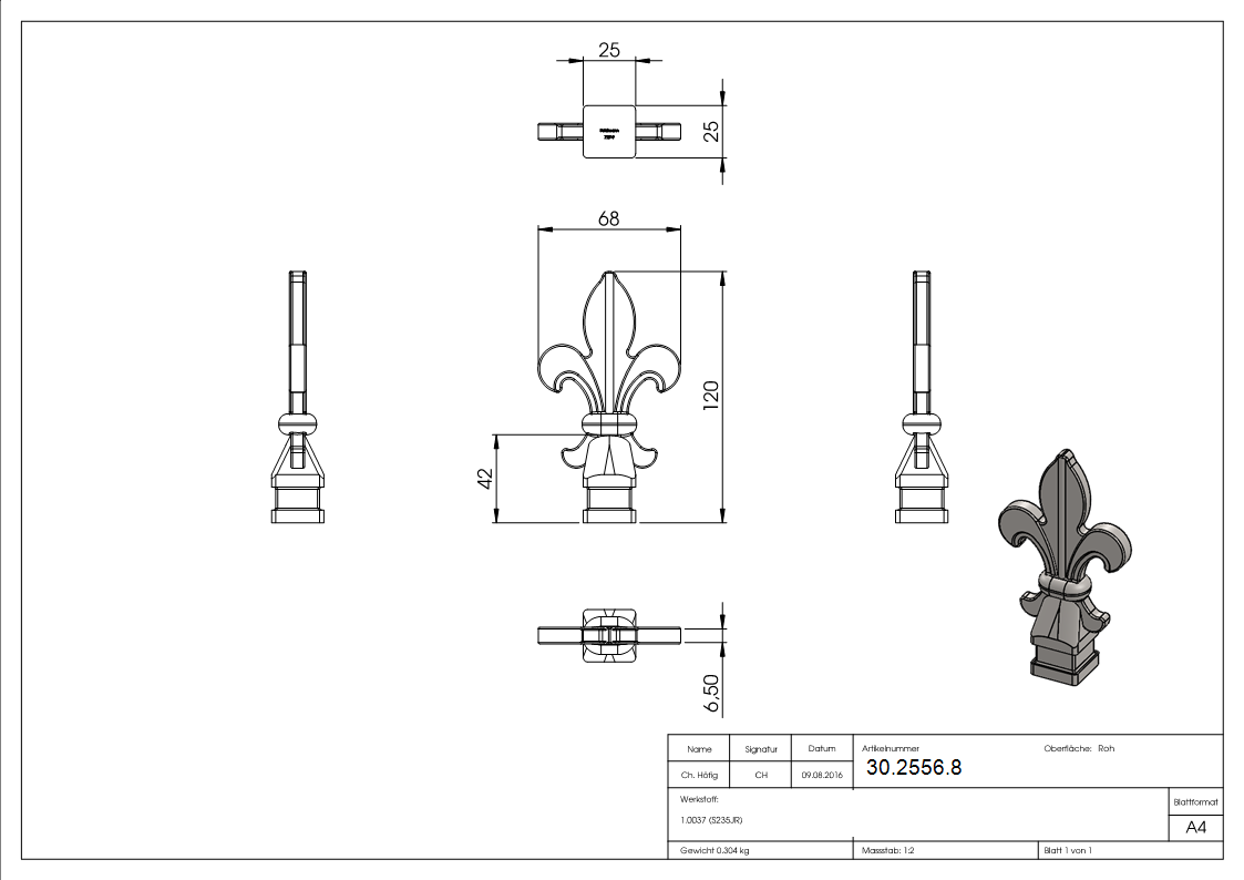 Zaunspitze - Hoehe- 120 mm - Material- 25x25 mm - Stahl S235JR- roh-30-2556.8