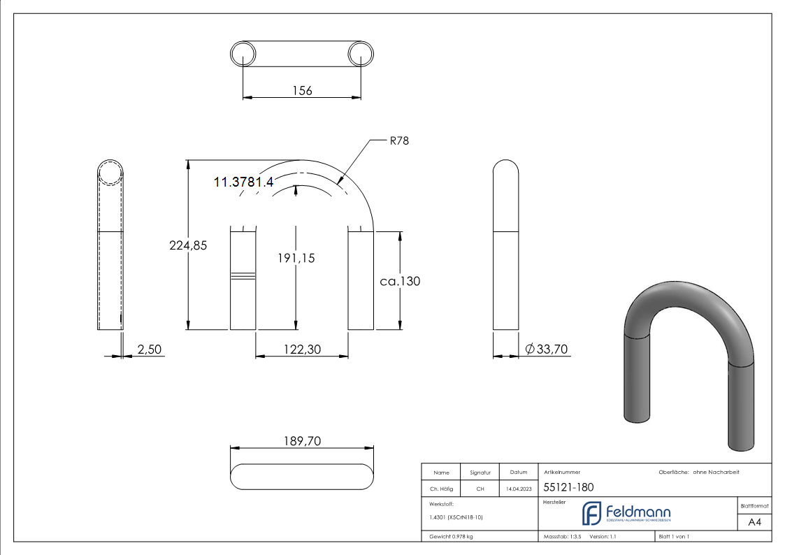 Bogen 180° zum Schweissen aus Rundrohr- Ø 33-7x2-6 mm V2A-11-3781.4