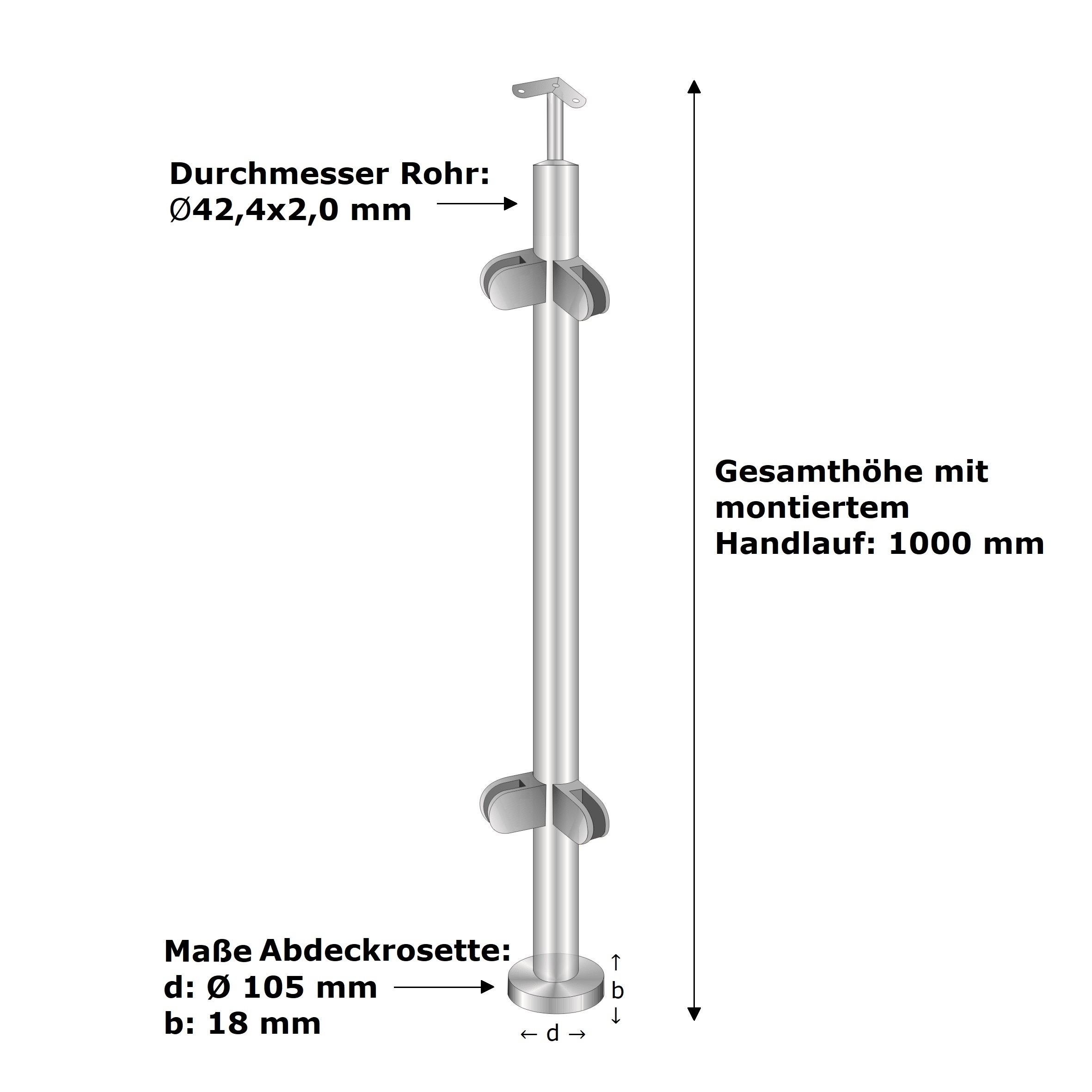 Gelaenderpfosten - Eckpfosten - fuer aufgesetzte Montage - Laenge- 1000 mm - V2A-14-0034RG-A.4